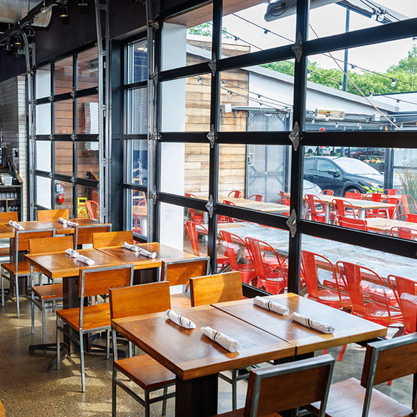 Commercial garage door professionally installed at a local restaurant